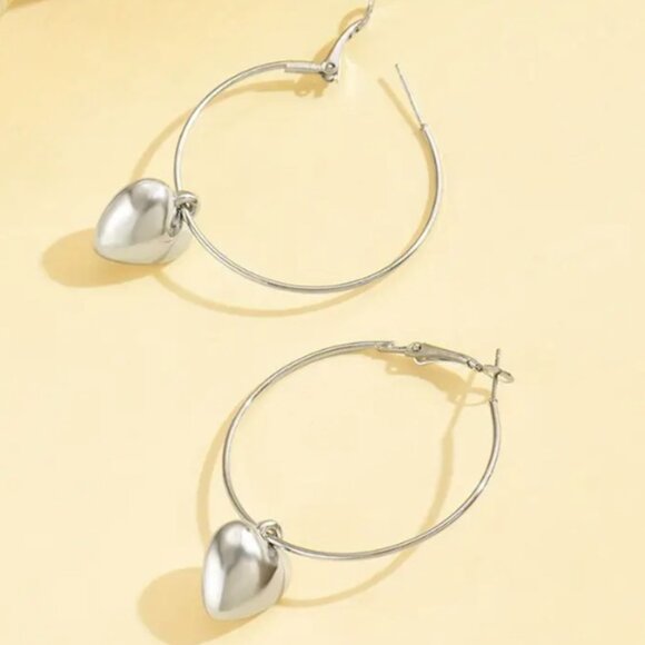 Oversized Large Statement Hoops with Heart Cutout Design Silver Electro-Plated - Picture 1 of 3